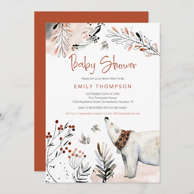 Polar Bear Winter Foliage Burnt Orange Baby Shower Invitation (Front/Back)