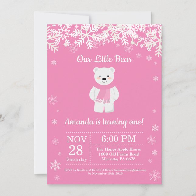 Polar Bear Winter Girl Birthday Invitation (Front)