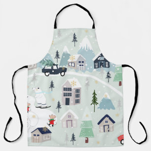 Polar bear winter landscape, Christmas background. Apron