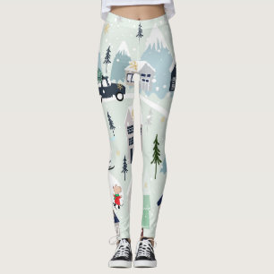 Polar bear winter landscape, Christmas background. Leggings