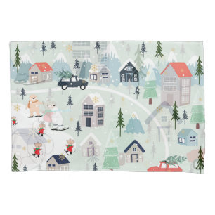 Polar bear winter landscape, Christmas background. Pillowcase