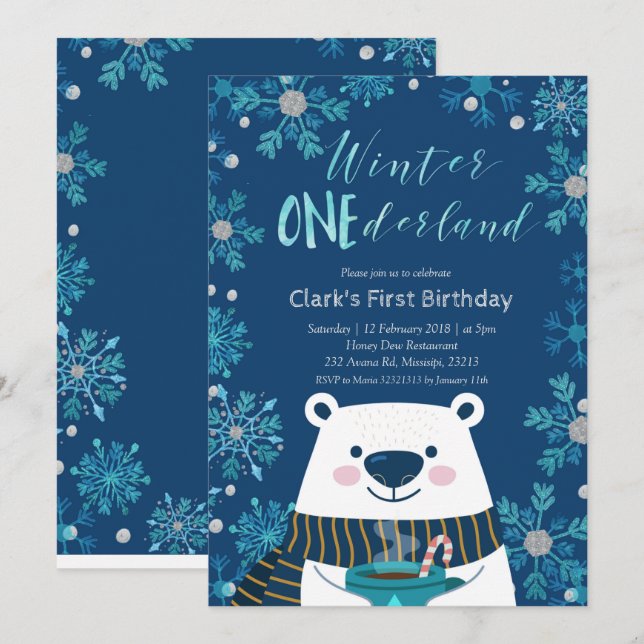 Polar Bear Winter Onederland Birthday Invitation (Front/Back)