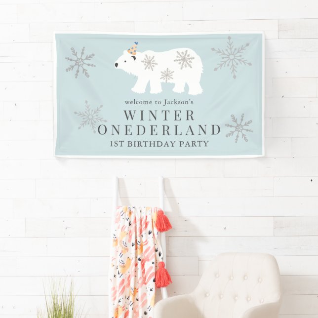 Polar Bear Winter Onederland Blue 1st Birthday Banner (Insitu)