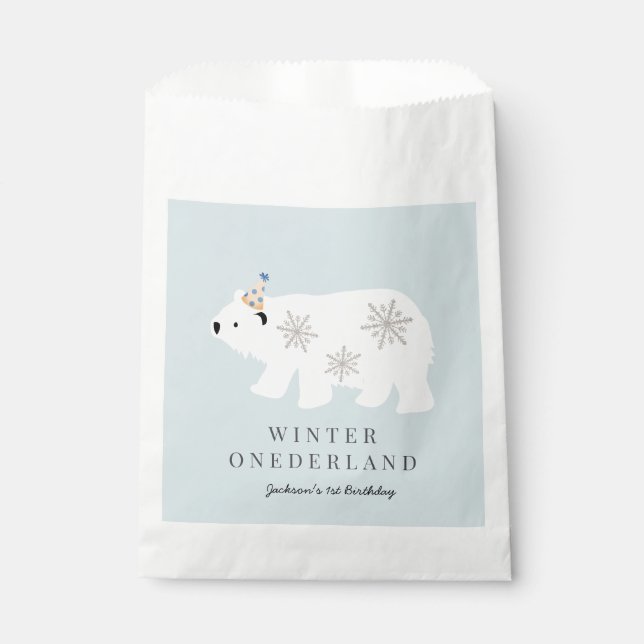 Polar Bear Winter Onederland Blue 1st Birthday Favour Bag (Front)