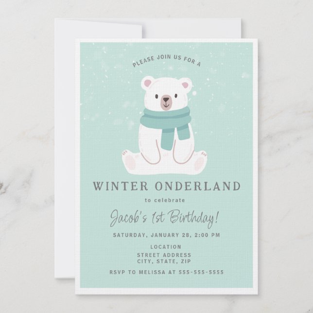 Polar Bear Winter Onederland Blue 1st Birthday Invitation (Front)