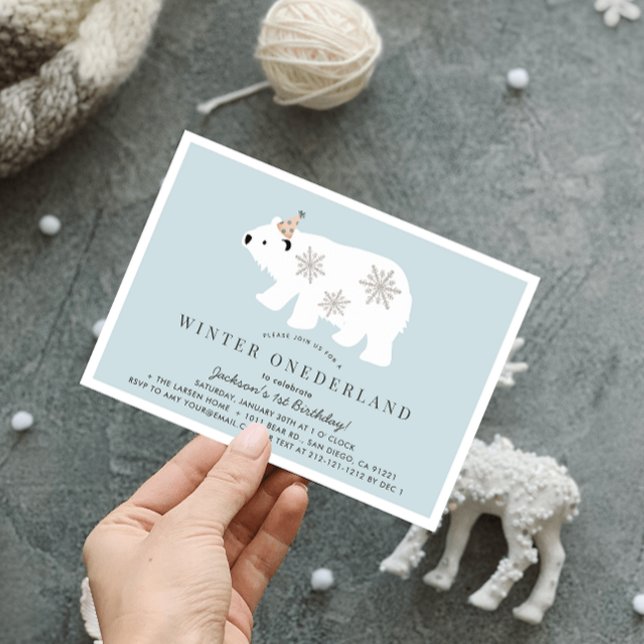 Polar Bear Winter Onederland Blue 1st Birthday Invitation (Creator Uploaded)