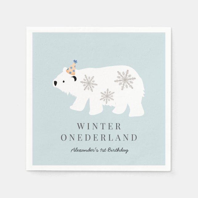 Polar Bear Winter Onederland Blue 1st Birthday Napkin (Front)