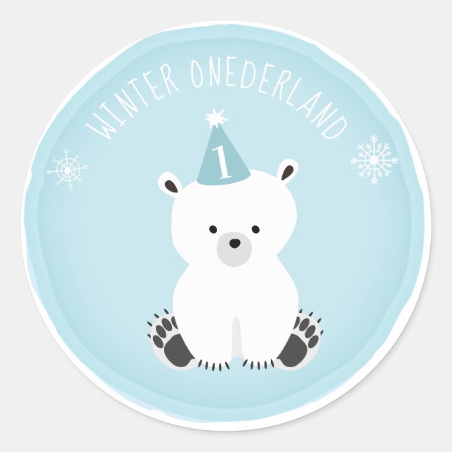 Polar Bear Winter Onederland Blue Birthday Classic Round Sticker (Front)
