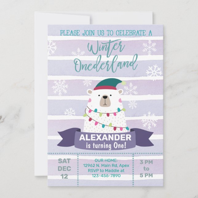 Polar bear winter onederland boy birthday invite. invitation (Front)
