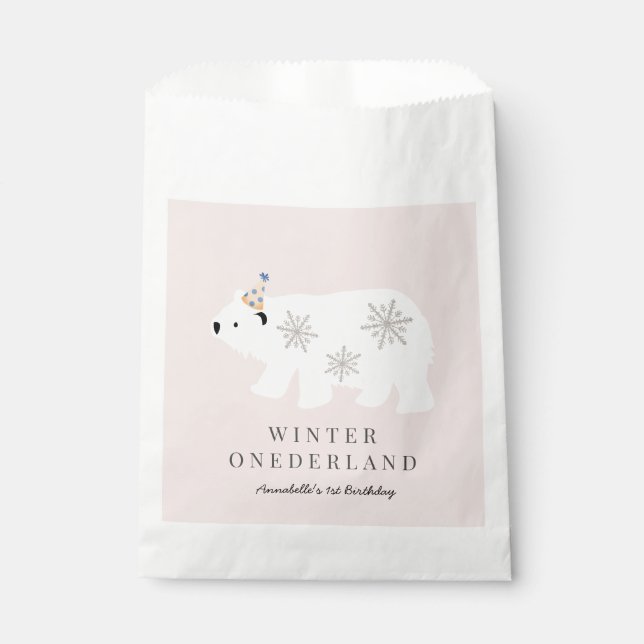 Polar Bear Winter Onederland Pink 1st Birthday Favour Bag (Front)