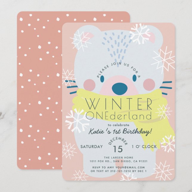 Polar Bear Winter Onederland Pink 1st Birthday Invitation (Front/Back)