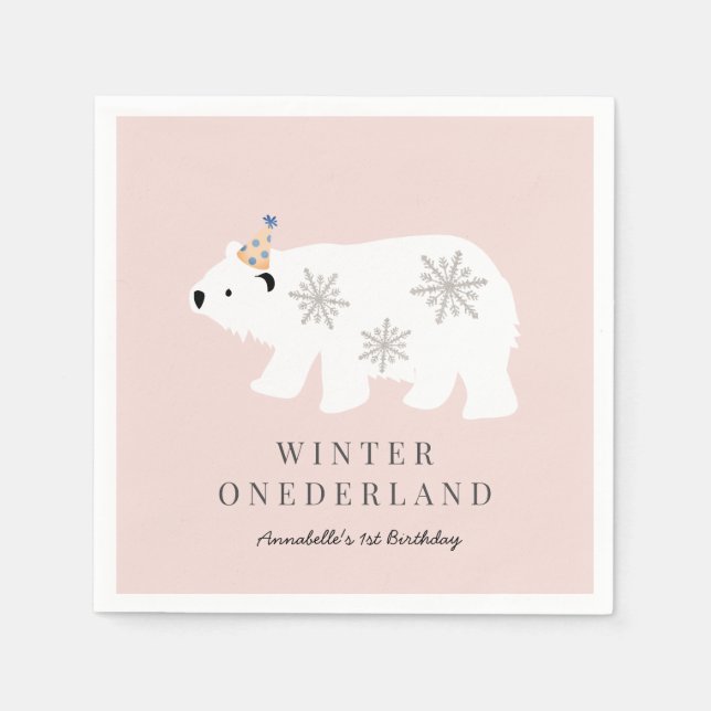 Polar Bear Winter Onederland Pink 1st Birthday Napkin (Front)