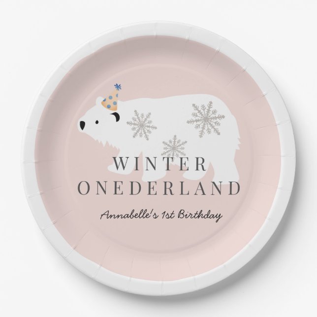 Polar Bear Winter Onederland Pink Birthday Paper Plate (Front)