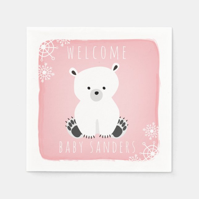Polar Bear Winter Pink Girl Baby Shower Napkin (Front)