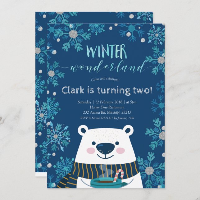 Polar Bear Winter wonderland Birthday Invitation (Front/Back)