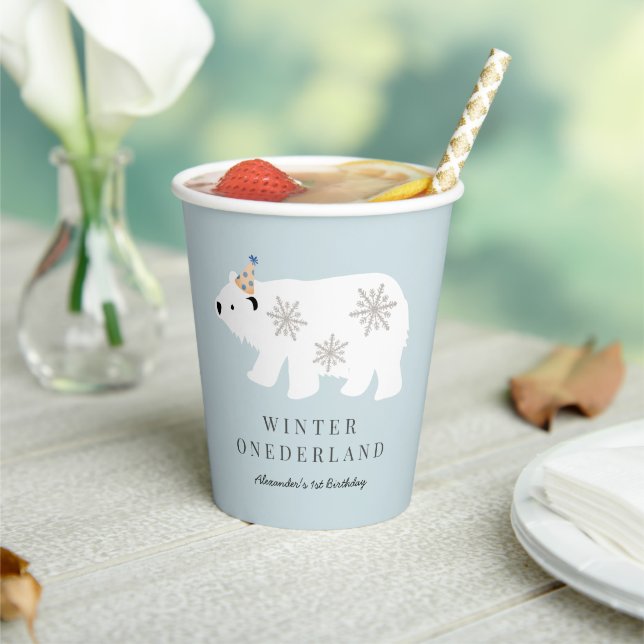 Polar Bear Winter Wonderland Blue 1st Birthday Paper Cups (Insitu)