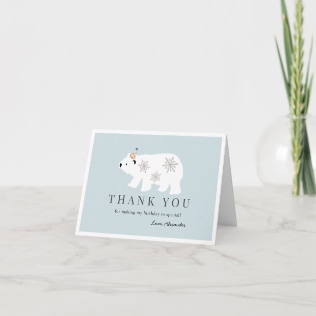 Polar Bear Winter Wonderland Blue Birthday Thank You Card (Front)