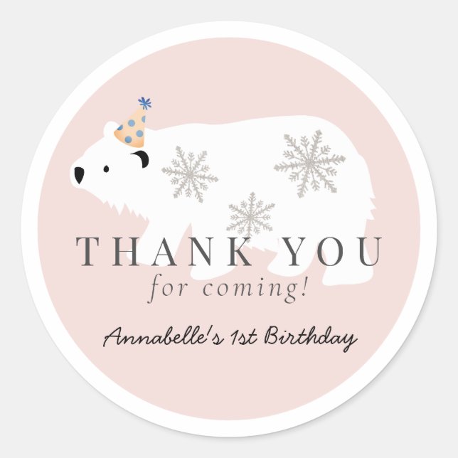 Polar Bear Winter Wonderland Pink Birthday Classic Round Sticker (Front)