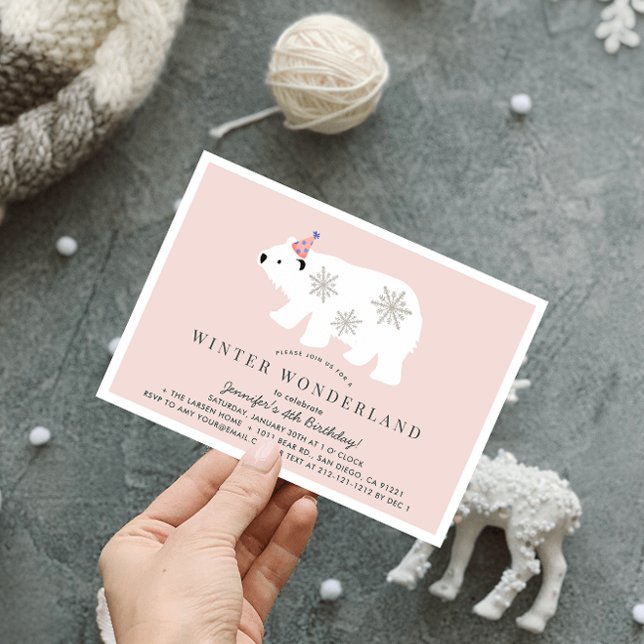 Polar Bear Winter Wonderland Pink Birthday Invitation (Creator Uploaded)