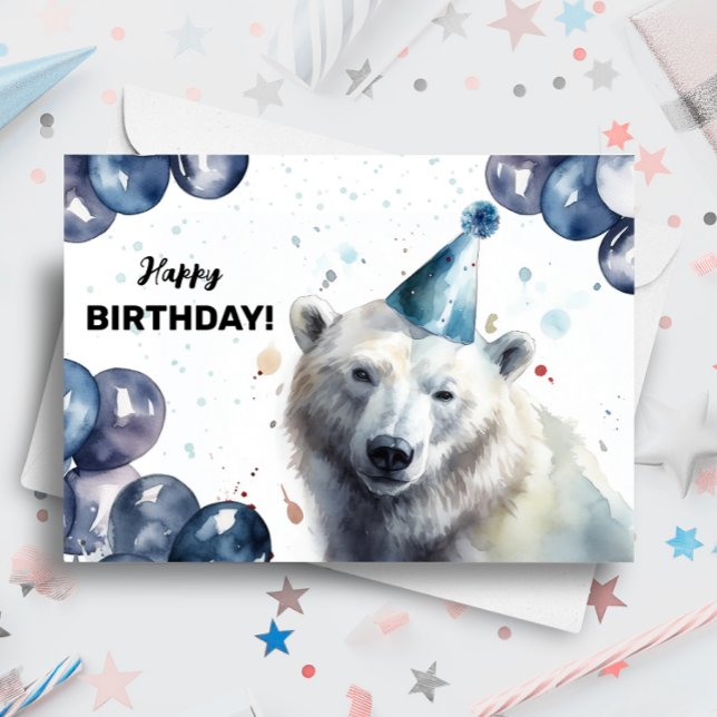 Polar Bear with Balloons and Party Hat Birthday Card (Creator Uploaded)
