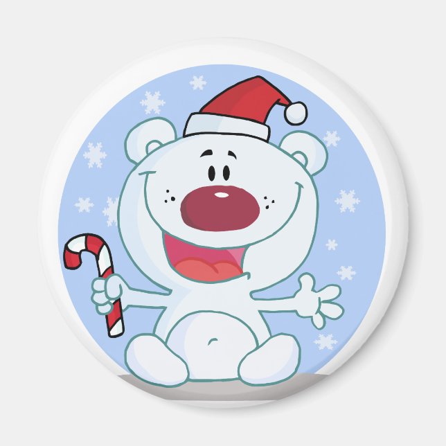 Polar  Bear With Candy Cane Christmas Magnet (Front)