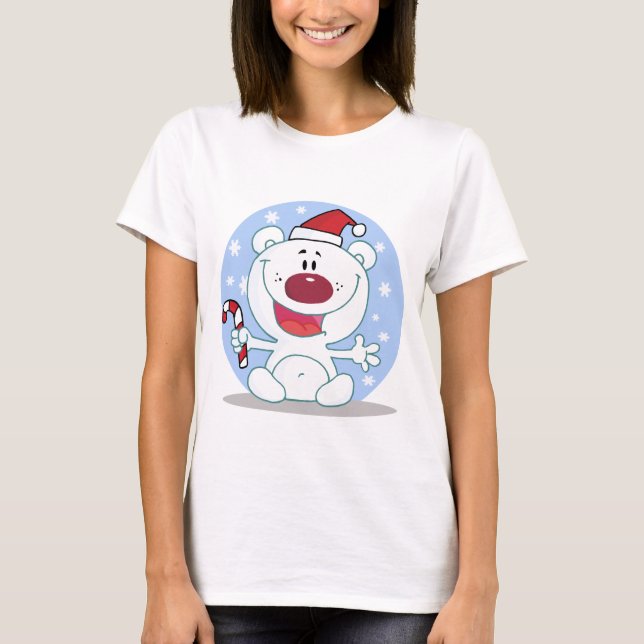 Polar  Bear With Candy Cane Holiday Tshirts (Front)