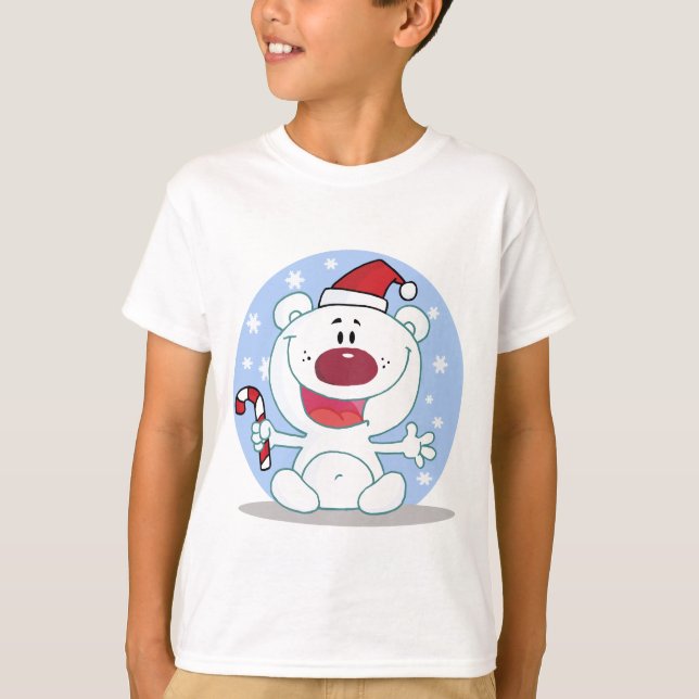 Polar  Bear With Candy Cane Holiday Tshirts (Front)