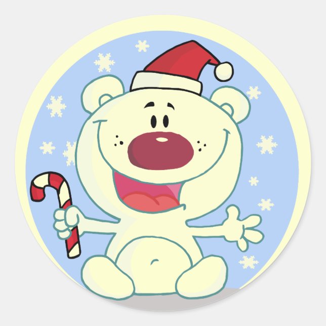Polar  Bear With Candy Cane Holiday Tshirts Classic Round Sticker (Front)