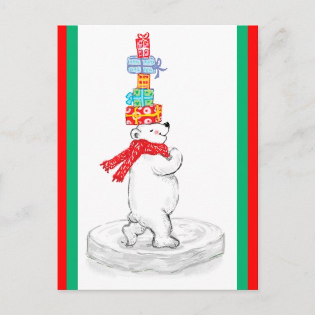 Polar Bear with Christmas Gifts Holiday Postcard (Front)