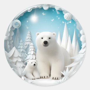 Polar Bear with Cub Arctic Ocean White Winter Classic Round Sticker