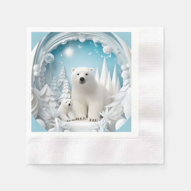 Polar Bear with Cub Arctic Ocean White Winter Napkin (Front)