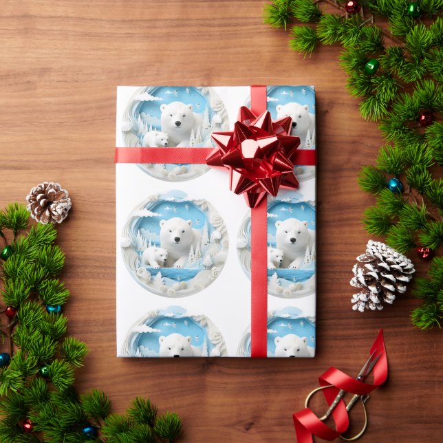 Polar Bear with Cub Arctic Ocean White Winter Wrapping Paper (Holiday Gift)