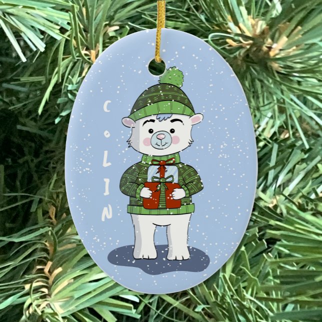 Polar Bear with Gifts Blue Christmas Ornament (Polar bear blue Christmas tree ornament .)