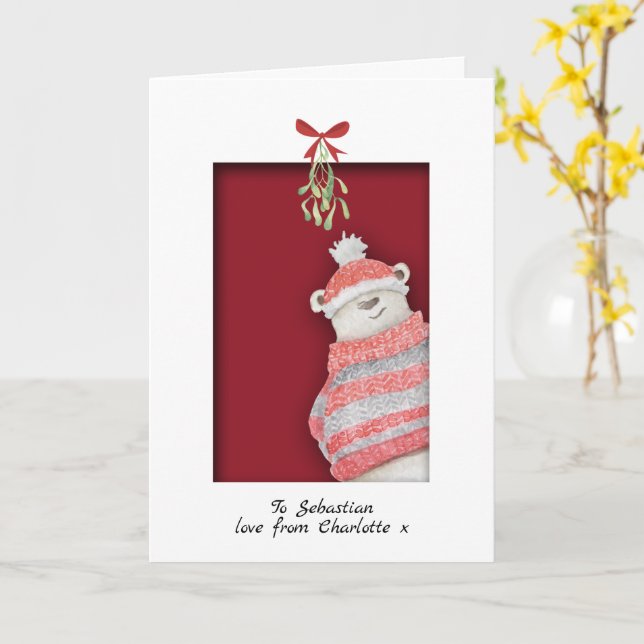 Polar Bear With Mistletoe Christmas Card (Yellow Flower)