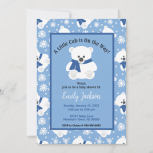 Polar Bear with Navy Blue Scarf and Snowflakes  Invitation