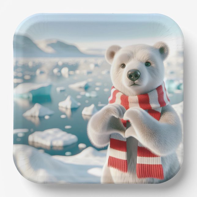 Polar Bear With Paws Forming a Heart Paper Plate (Front)