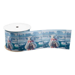Polar Bear With Paws In Heart Shape Satin Ribbon