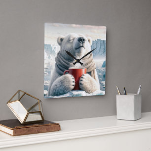 Polar Bear With Red Coffee Mug Square Wall Clock