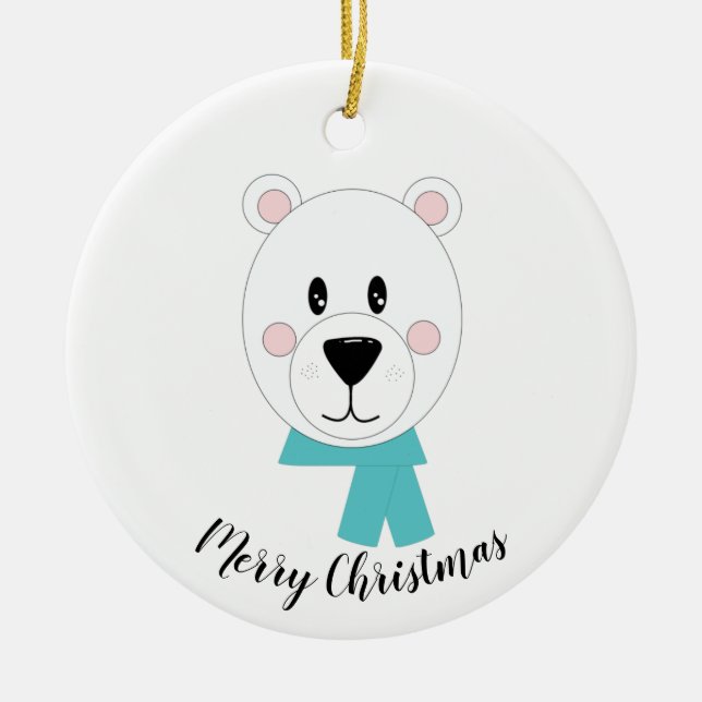 Polar Bear with Teal Scarf Ceramic Ornament (Front)