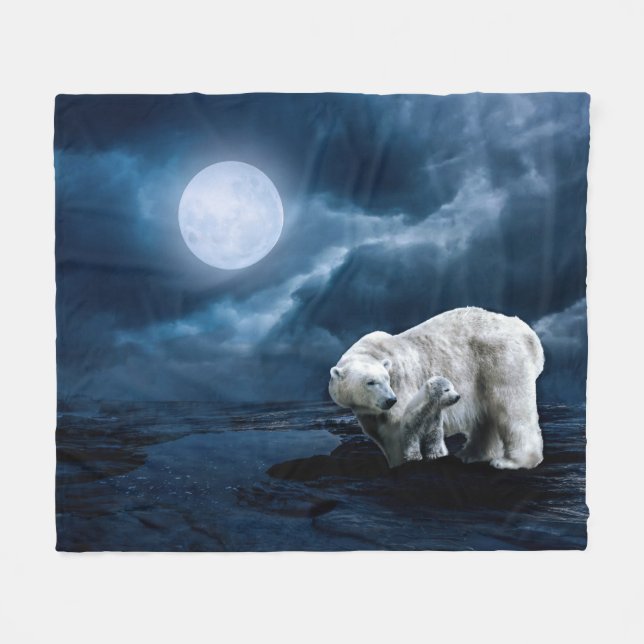 Polar Bears and Full Moon Fleece Blanket (Front (Horizontal))