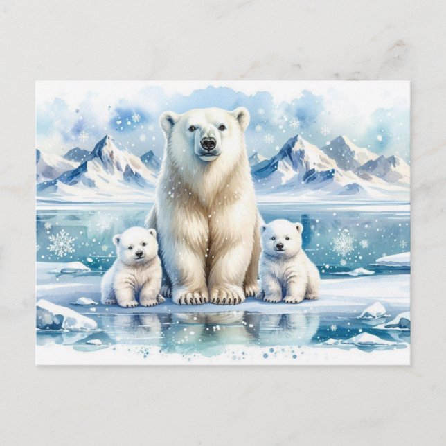 Polar Bears and Snowy Winter Scene Painting Postcard (Front)