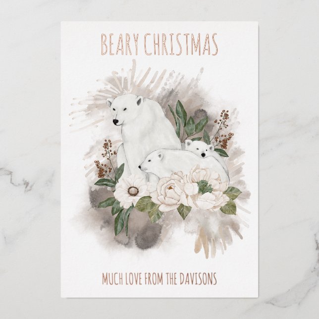 Polar Bears Beary Christmas Name Luxury Real Foil Holiday Card (Front)