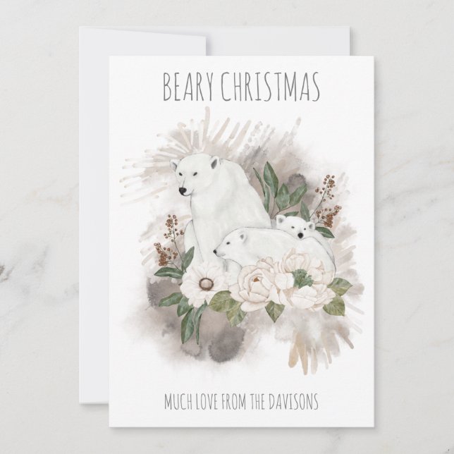 Polar Bears Beary Christmas Name White  Holiday Card (Front)