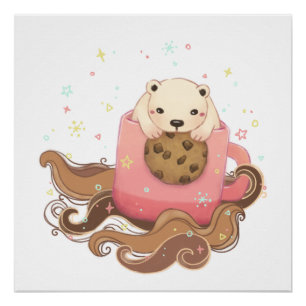 Polar Bear's Cookie & Coffee Break Illustration Poster