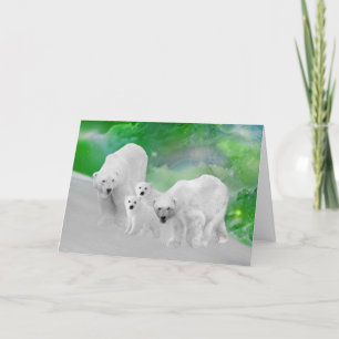 Polar Bears, cubs and northern lights Card