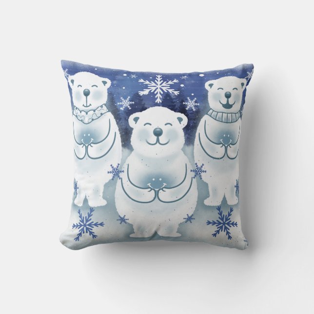 Polar Bears Cute Happy Winter Snowflakes Cushion (Front)
