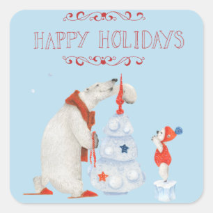 Polar Bears Decorating Tree Square Sticker