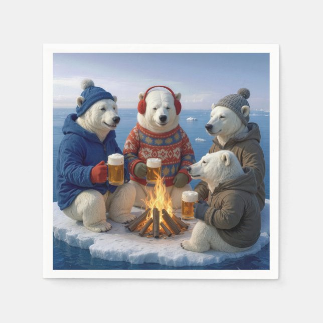 Polar Bears Drinking Around a Campfire  Napkin (Front)