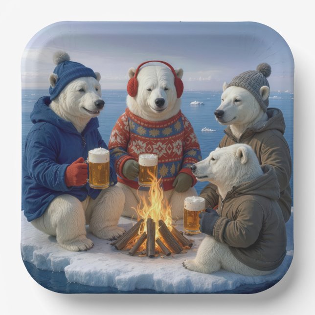 Polar Bears Drinking Around a Campfire  Paper Plate (Front)