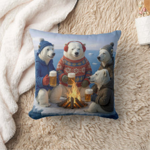 Polar Bears Drinking Beer Around a Campfire  Cushion